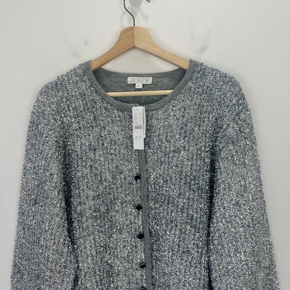 J.Crew Sweater Lady Jacket Silver Tinsel Yarn Metallic Party Gray Large NWT - Picture 6 of 12